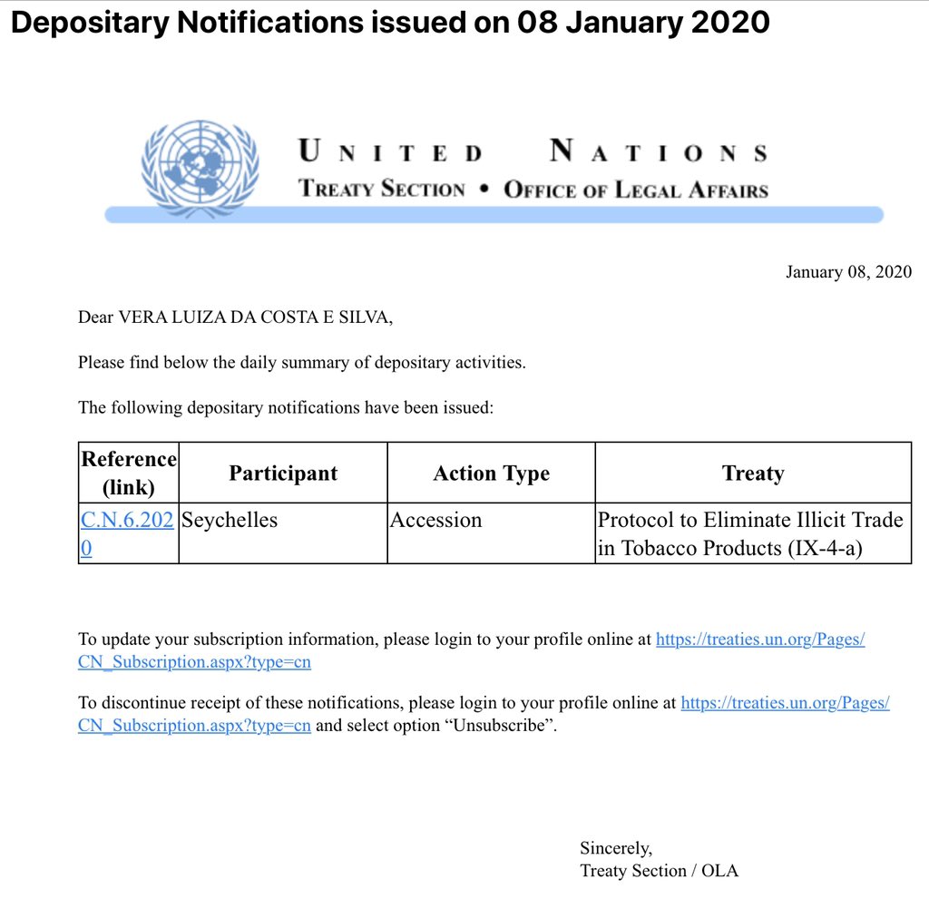 vera_dacosta's tweet image. It feels good when receiving a notification of accession. Go Seychelles, the #58th Party of the @FCTCofficial #illicitradeprotocol #UNtobaccocontrol