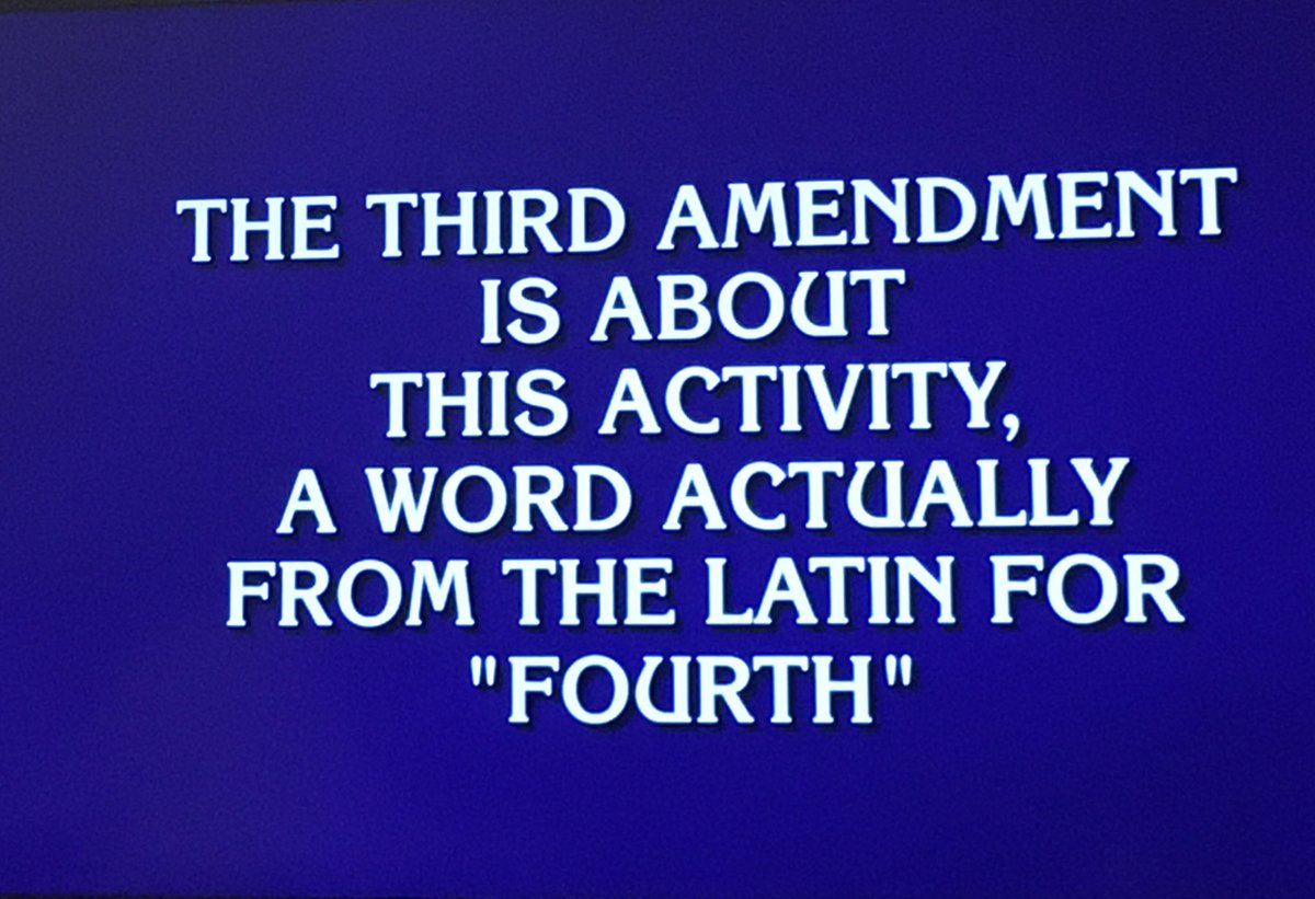 apgov216's tweet photo. Jeopardy GOAT Tournament question on the 3rd Amendment to the U.S. Constitution #hsgovchat #Constitution #Jeopardy https://t.co/eAYbzGQnHh