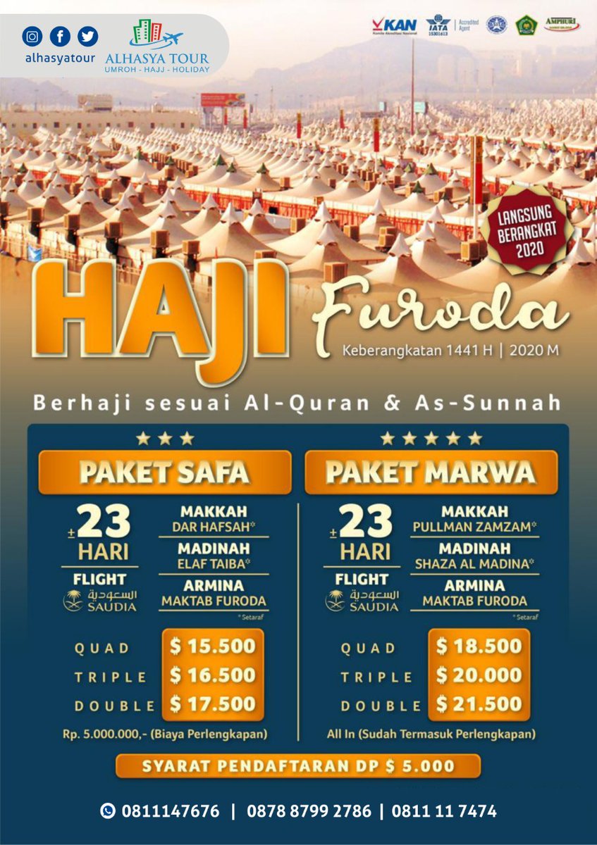 AlhasyaTour's tweet photo. Bismillah,
Assalamu'alaikum Warahamtullah Wabarakatuh

Info Paket Umroh dan Haji Alhasya Tour periode tahun 2020
Segera daftarkan diri anda selama masih ada persediaan seat.

Barakallah Fiikum https://t.co/xcAUmtyZnO