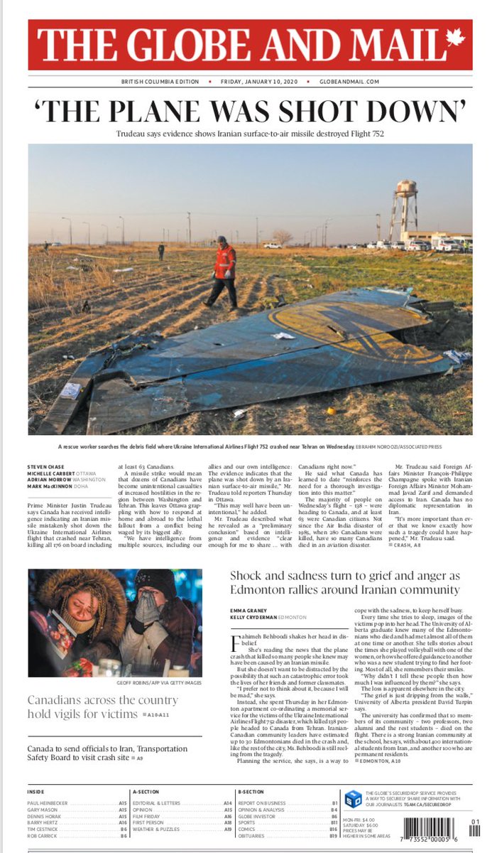 decloet's tweet image. Another big news day. Here’s tomorrow’s front page, which includes reporting from @markmackinnon in the Middle East and @EmmaLGraney and @KellyCryderman from Edmonton.
#TehranPlaneCrash