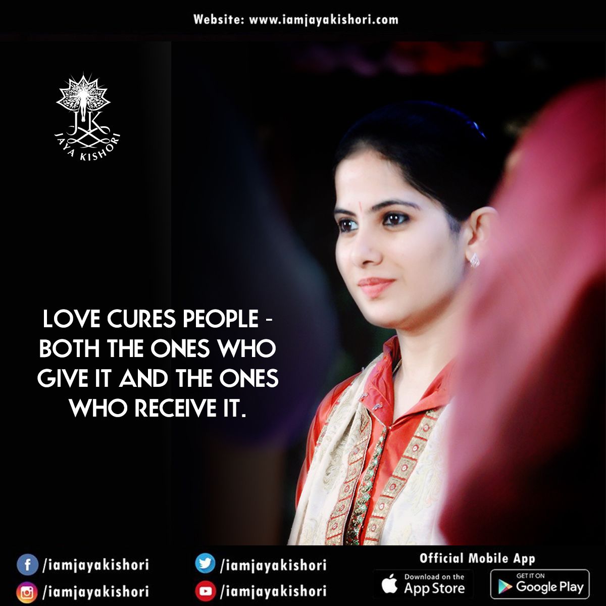 iamjayakishori's tweet photo. Love cures people - both the ones who give it and the ones who receive it. 

#LovingAll #EqualToAll #IamJayaKishori #JayaKishoriJi #InspirationalThoughts https://t.co/rq1S3j456R