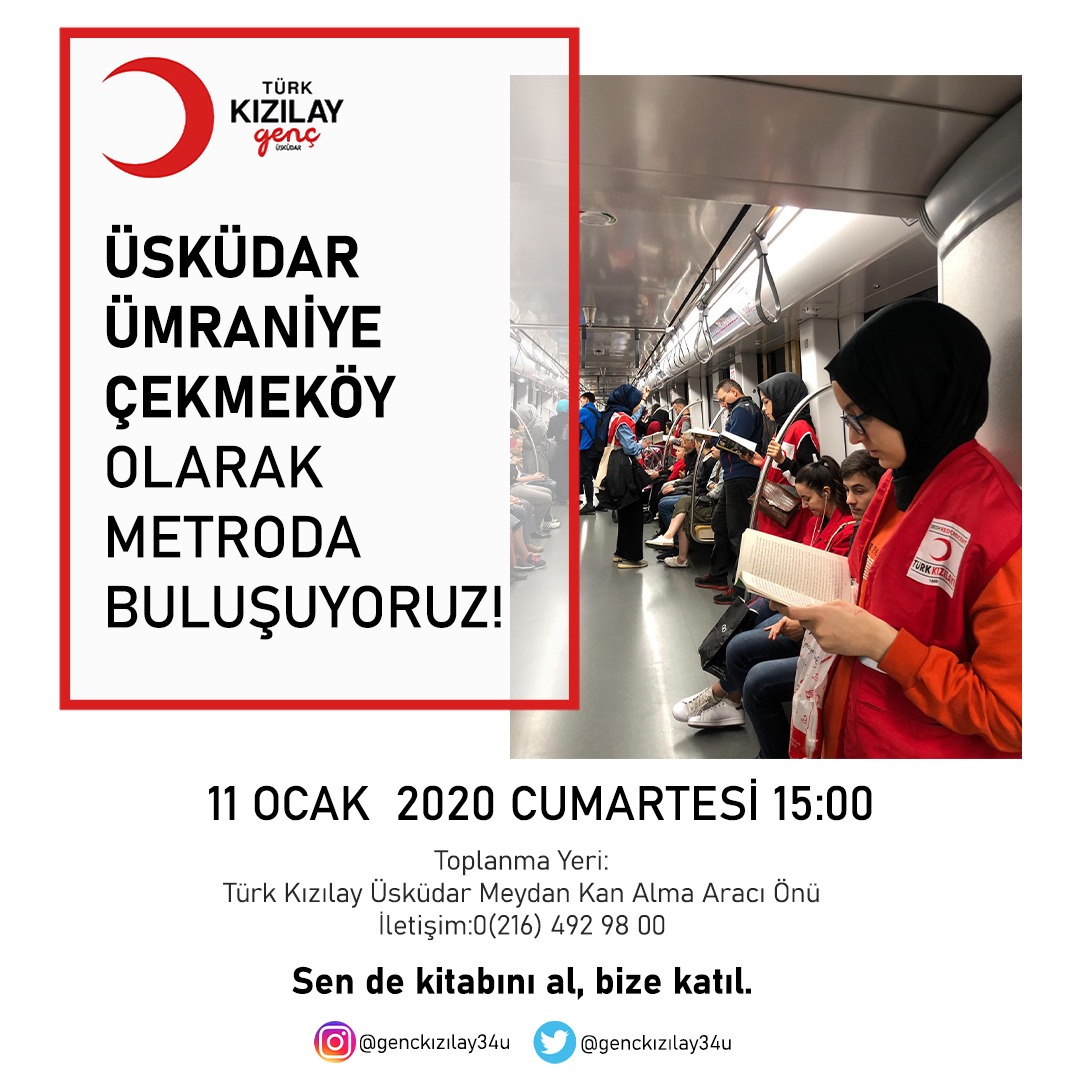 Şehrimizde insanlar toplu taşımalarda ortalama süre 91 dk harcıyorlar. Hedefimiz bu boş vakitlerimizi zayi etmemek ve kitap okuma farkındalığı oluşturmak adına, Genç Kızılay Üsküdar, Ümraniye ve Çekmeköy gönüllüleriyle beraber kitaplarımızla birlikte metroda olacağız.#SensizOlmaz