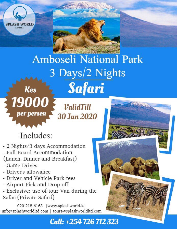 MohaaAizak's tweet photo. Amboseli National Park 3 days #Safari valid until 30 June 2020...
#NewYear2020 
#TembeaNaSplashWorldLtd 
#TembeaNaSplashWorld https://t.co/xjwNRotzkd