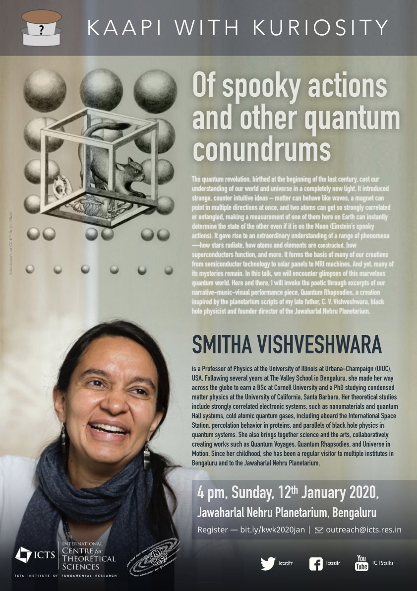 The first Kaapi with Kuriosity session for 2020 will be  held  this Sunday, 12 January 2020. 
icts.res.in/outreach/kaapi…
Venue: Jawaharlal Nehru Planetarium, Bengaluru.
Time: 1600hrs – 1700hrs

#icts #kaapiwithkuriosity #scienceforall #science #scienceoutreach