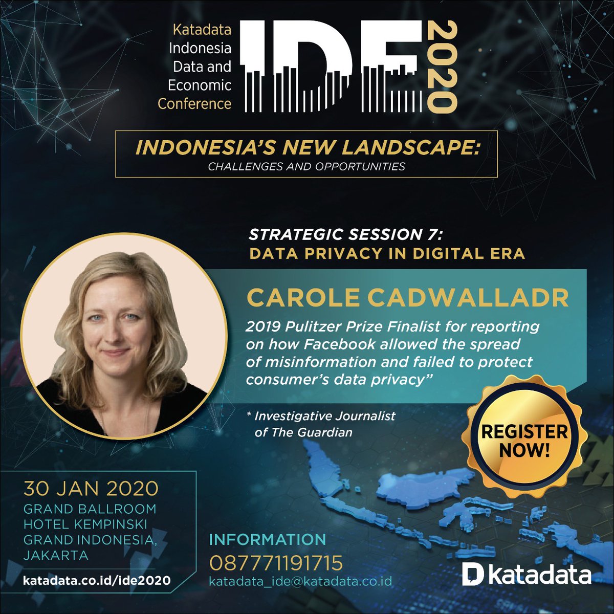 KATADATAcoid's tweet photo. @sandiuno #IDEkatadata2020 akan menghadirkan @carolecadwalla , wartawan investigasi the Guardian dan finalis Pulitzer yang membongkar kasus Cambridge Analytica. Ia akan mengisi sesi bertema "Data Privacy In Digital Era".
Info lengkap dan registrasi klik https://t.co/P6yzVaDFz7 https://t.co/j7aix4VOC5