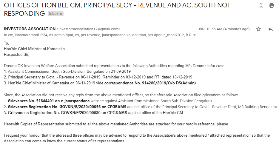 DreamzgkA's tweet photo. @CMofKarnataka @narendramodi Hon'ble CM Sir, under BJP govt, offices of Hon'ble CM, Principal Secy - Revenue and AC, South Sub-Divn not responding to the Association's petition regarding #dreamzgkfraud case. Kindly refer today e-mail sent by the Association to cm@karnataka.gov.in https://t.co/ETsdiiPwYa