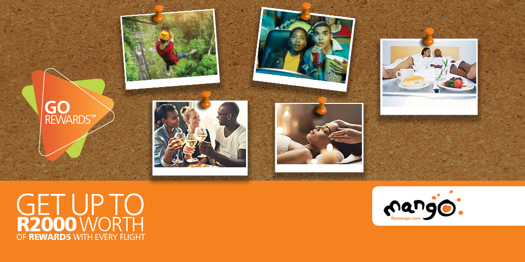 FlyMangoSA's tweet photo. With our new #GoRewards programme, you get to choose 3 rewards up to the value of R2 000 for every ticket you book. https://t.co/BtxRNywUP8 #GoMango https://t.co/3ZkjaDb7Hi
