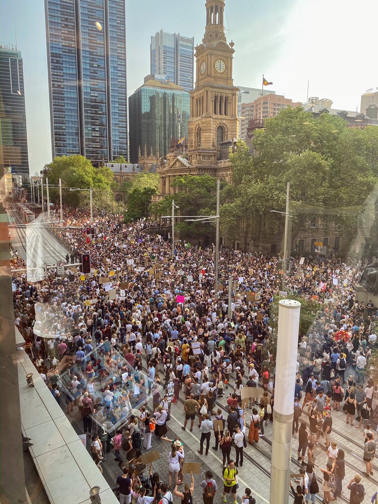 Can barely capture the whole crowd.

Huge climate/bushfires/dump ScoMo protest outside Sydney town hall.

Has shut down George and Park Street intersection. #SackScoMo #AustraliaFires