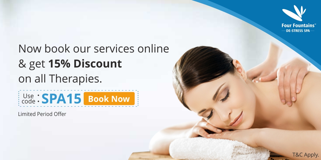 Now De-stress yourself with a Massage Therapy at Four Fountains De-stress Spa. Avail 15% Off on Online Payment. Book Here - bit.ly/36sBzSJ