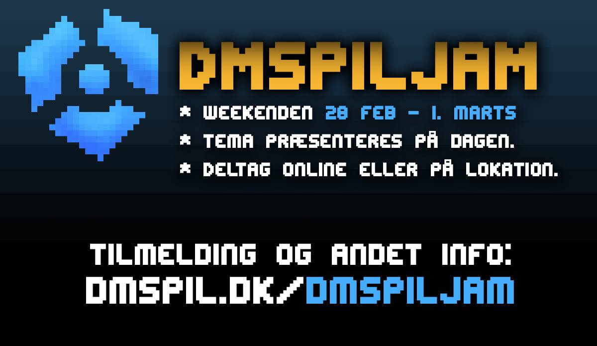 GameJam den 28 feb til 1. marts
dmspil.dk/dmspiljam/

I oktober afprøvede vi konceptet og der afholdte (Udover os selv i Aalborg) den fynske spilfabrik, NEXTKbh og Game College i Grenå jammet hos dem selv. Det resulterede i 24 spil og præmie til vinderne :)

#dmspil #dkgame