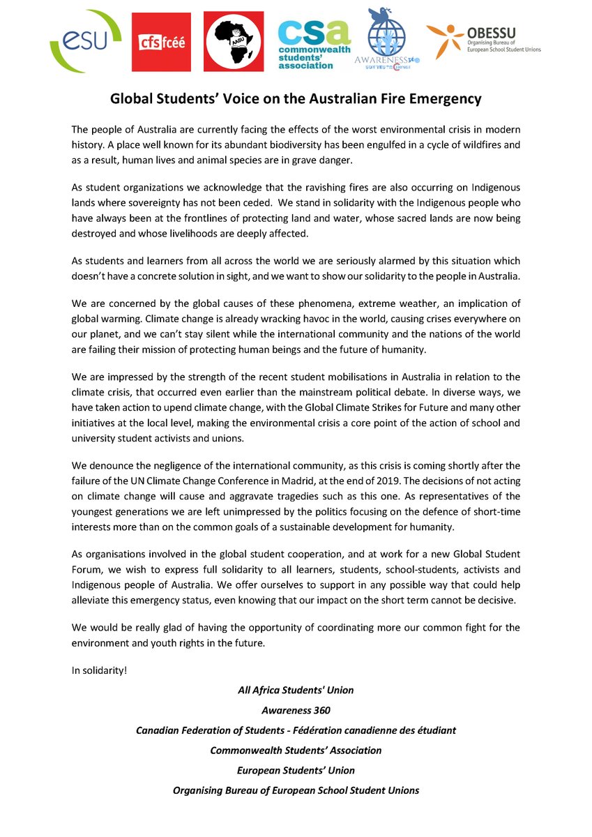 aasu_72's tweet photo. As organisations involved in the global student cooperation, we wish to express full solidarity to all learners,school-students, activists and Indigenous people of Australia.@ESUtwt @obessu @CwealthStudents @CFSFCEE @UNFCCC @Climatechange54 @Citi973 
#AustralianBushfireDisaster https://t.co/j9pd8qZgqH