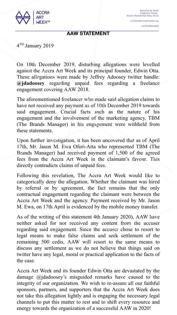 AccraArtWeek's tweet photo. Accra Art Week Statement regarding allegations leveled against it . #accraartweek #statement https://t.co/rcMiuUvorS