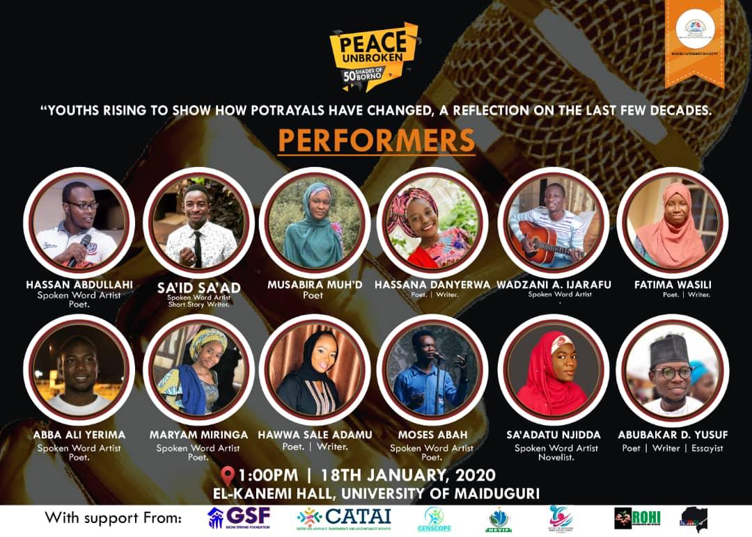 Bornolitsociety's tweet photo. Unveiling Borno's finest Poets and Spoken Word Artists. #50ShadesOfBorno
#PeaceUnbroken https://t.co/QqNQfX4cFh