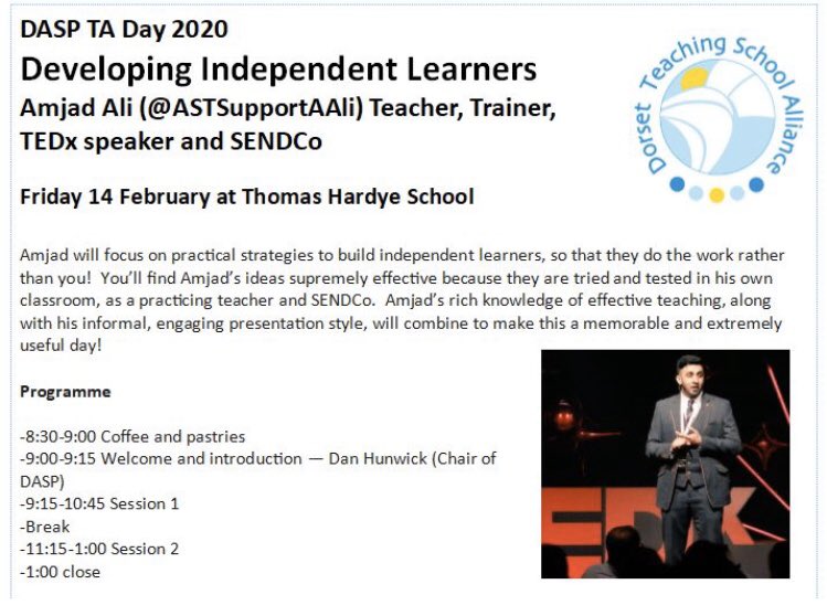 WessexTeach's tweet image. #DASP #DTSA Professional Learning for Teaching Assistants.  @ASTsupportAAli returns to @thomashardye to lead our annual partnership TA day
Really looking forward to this one!
#DASP20