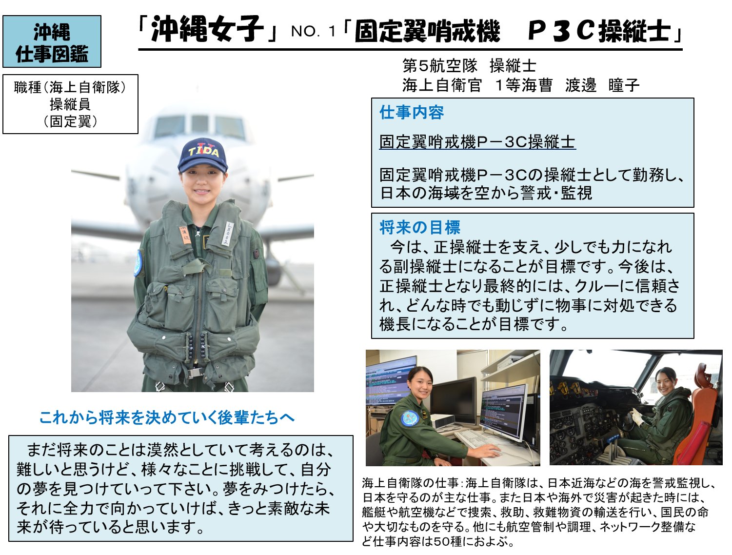 自衛隊沖縄地方協力本部 公式 沖縄にある陸 海 空自衛隊の職種や役割について紹介する 沖縄自衛隊仕事図鑑 沖縄女子 No 1 第5航空隊 海上自衛官 1等海曹 渡邊 瞳子 仕事内容 固定翼哨戒機p 3c操縦士 沖縄自衛隊仕事図鑑 を発信していきます 自衛隊沖縄地方協力本部 公式 沖縄にある陸 海 空自衛隊の職種や役割について紹介する 沖縄自衛隊仕事図鑑 沖縄女子 No 1 第5航空隊 海上自衛官 1等海曹 渡邊 瞳子 仕事内容 固定翼哨戒機p 3c操縦士 沖縄自衛隊仕事図鑑 を発信していきます