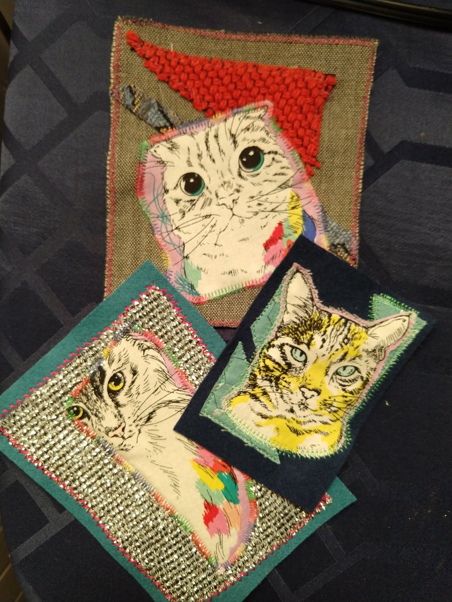 NoodleMania's tweet photo. Drank too much coffee. Can't stop sewing! Cat patches + zines on sale at my table this Sunday in Oakland for @baqzf4ever https://t.co/iLGJCgj8O5