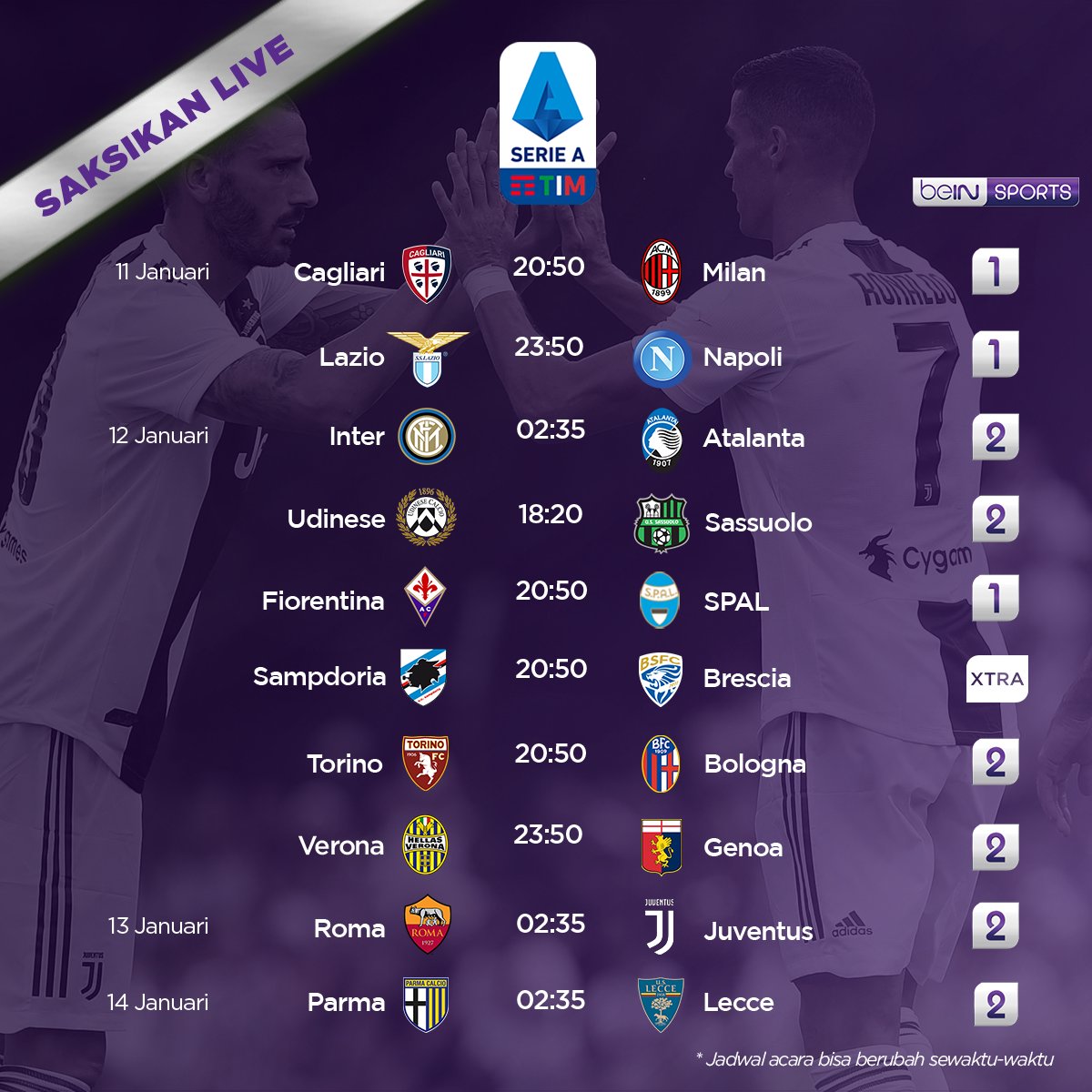Info_SerieA's tweet photo. Jadwal siaran langsung Serie A Giornata 19. https://t.co/tJl1QcngEW