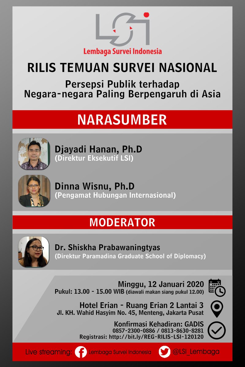 LSI_Lembaga's tweet photo. Selamat sore. Memberitahukan bahwa di hari Minggu, 12 Januari 2020 nanti, kami akan mengadakan Rilis Temuan Survei Nasional dengan tema Persepsi Publik terhadap Negara-negara Paling Berpengaruh di Asia. Bagi rekan2 media dapat merapat ke Hotel Erian (Ruang Erian 2 - Lt. 3). https://t.co/EABd0xhrQV