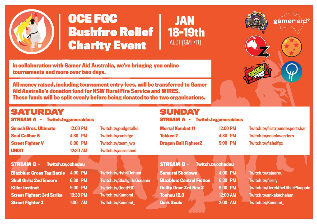 To show support for all those affected by the bushfire tragedies, The entire Oceanic Fighting Game Commuity is banding together to host a series of online tournaments on the 18th and 19th of January Read more about it here - ozhadou.net/oce-fgc-bushfi…