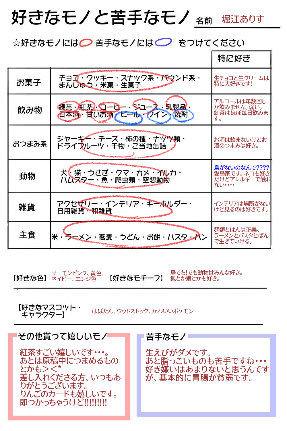 堀江ありす 10 12トナメル 好きなモノと苦手なモノ 好き嫌いわかりやすい民なので必要ないとは思ったんですが答えておきました T Co Epug30czrg Twitter