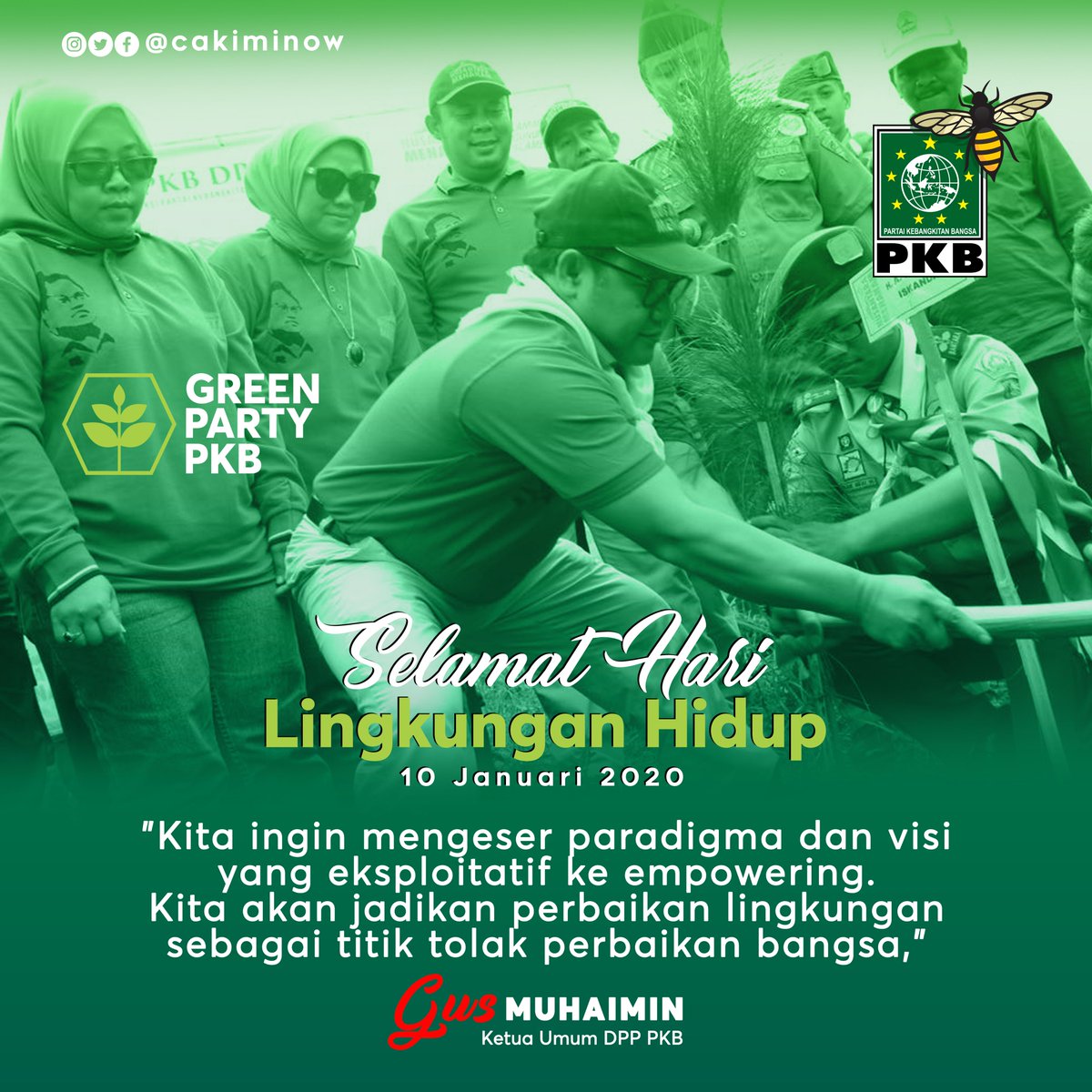 PKB sebagai Green Party akan terus mempromosikan politik yang berperspektif lingkungan sebagai prasyarat bagi terwujudnya pembangunan berkelanjutan. 

Selamat Hari Lingkungan Hidup 
10 Januari 2020 
#MalayaniIbuPertiwi #GreenPartyPKB