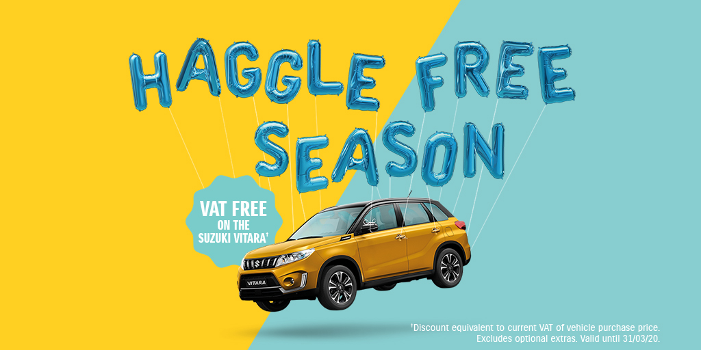 Haggle free season is under way at Tracks Suzuki in #Exeter and #Taunton. New #Suzuki #Vitara range now available VAT FREE. Range from £14,912 (incl. £2,687 VAT FREE saving) or £219/month with £529 deposit on 6.9% APR PCP. Subject to status. T&amp;Cs apply.