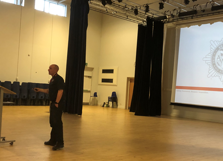 scotfire_MELSB's tweet photo. Our new LALO in @midgov  WC Elliot Whitson delivering important messages to about 1400 young people at @official_DHS assemblies yesterday The pupils were very receptive, respectful and a credit to themselves and the school. A great day all round and welcome to the team Elliot👍🚒 https://t.co/Zmen7Pseyd