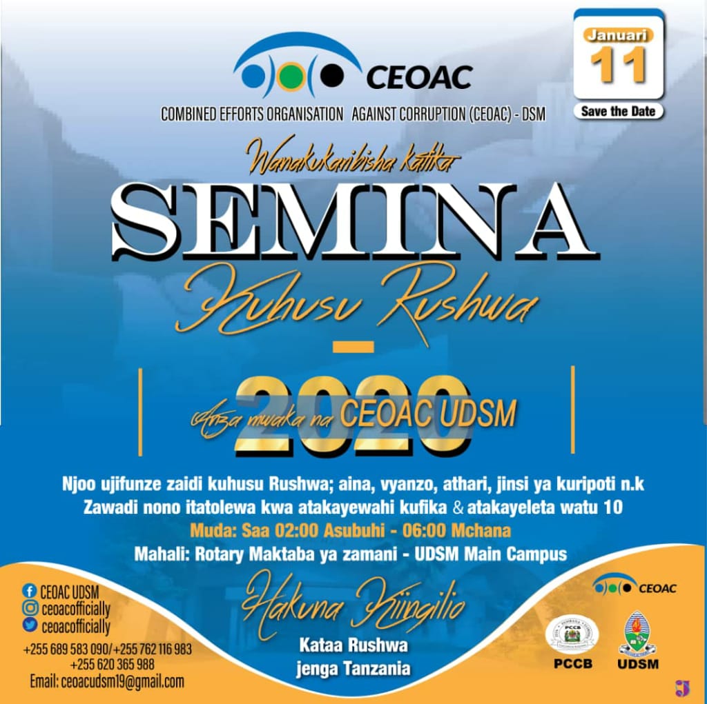 ceoacofficially's tweet photo. Wanafunzi wote wa chuo kikuu cha Dar es salaam mnakaribishwa katika semina hii inayohusu rushwa itakayo fanyika pale  rotary maktaba ya zamani, karibuni sanaa
@UdsmpatOfficial @Official_UDHRA @naomibyamungu @PhyloAloycious https://t.co/z7i7LURrZ8