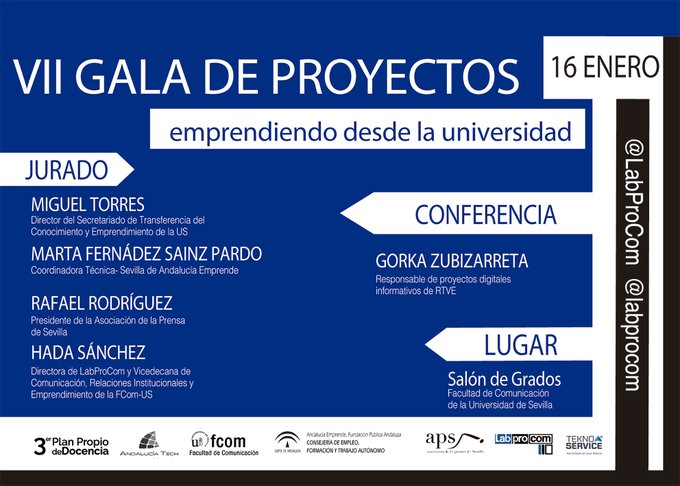 FCom_US's tweet photo. ¿Aún no lo sabes?📢
El próximo 16 de enero @LabProCom de la @unisevilla celebra la VII Gala de Proyectos 2.0 en Acción en la #FComUS.
Conferencia a cargo de Gorka Zubizarreta de @rtve
Colabora: @aprensasevilla @aemprende @cadesevilla @RTVEAndalucia @rtve
¡No te lo pierdas! https://t.co/pdi1bwGfxb