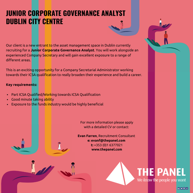 ThePanelDublin's tweet photo. A new entrant to the Dublin Asset Management space is looking for a Junior Corporate Governance Analyst to join their growing team. To find out more contact Evan on evanf@thepanel.com today. #jobfairy #corporategovernance #Governance #governanceanalyst #AssetManagement https://t.co/kqMNo3RVQy