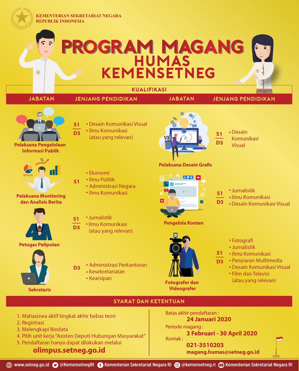 KemensetnegRI's tweet photo. Halo #SobatKemensetneg,

Rekrutmen magang Asdep Humas Kemensetneg sudah dibuka kembali ya, bagi yang berminat mendapatkan pengalaman tentang humas pemerintah, jangan ragu untuk mendaftar ya.

Silakan disimak persyaratan, cara, dan batas waktu pendaftarannya ya.

Ayo bergabung! https://t.co/4YXkJDmWTx