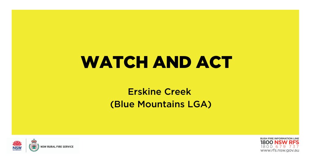 NSWRFS's tweet photo. Watch and Act - Erskine Creek fire (Blue Mountains LGA)
Fire activity is increasing south of Wentworth Falls. A southerly change due after midnight will push fire towards Leura & Wentworth Falls. Monitor changing conditions. Know what to do if fire threatens.
#nswrfs #nswfires https://t.co/XZsyQUcLG8