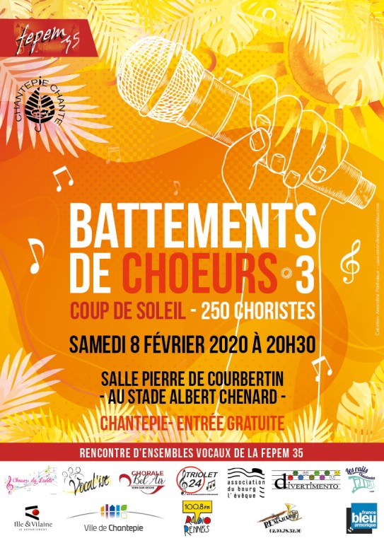 bourgleveque's tweet photo. 🎤La chorale adulte participera à 3ème édition de Battements de choeurs sur le thème du soleil. ☀️

🗓 Samedi 08 février 2020 à Chantepie
📍 Salle de sport Pierre de Coubertin https://t.co/1t78IVtUBb