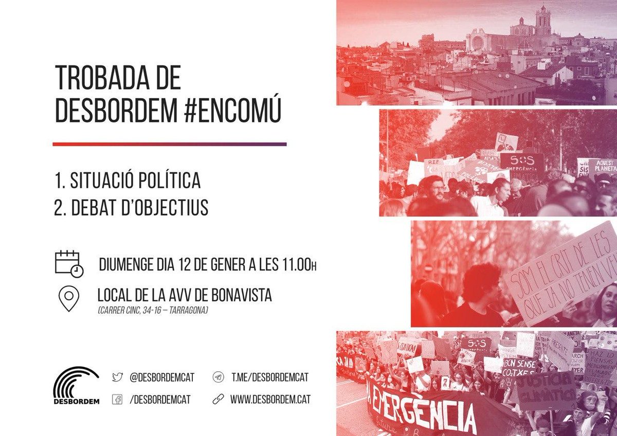 Arrenca el nou any i diumenge ens trobem per continuar els debats que tenim en marxa sobre els nous escenaris oberts i sobre la situació política més enllà dels cicles electorals! 💪

Ens trobarem a #Tarragona a partir de les 11h! 🚀