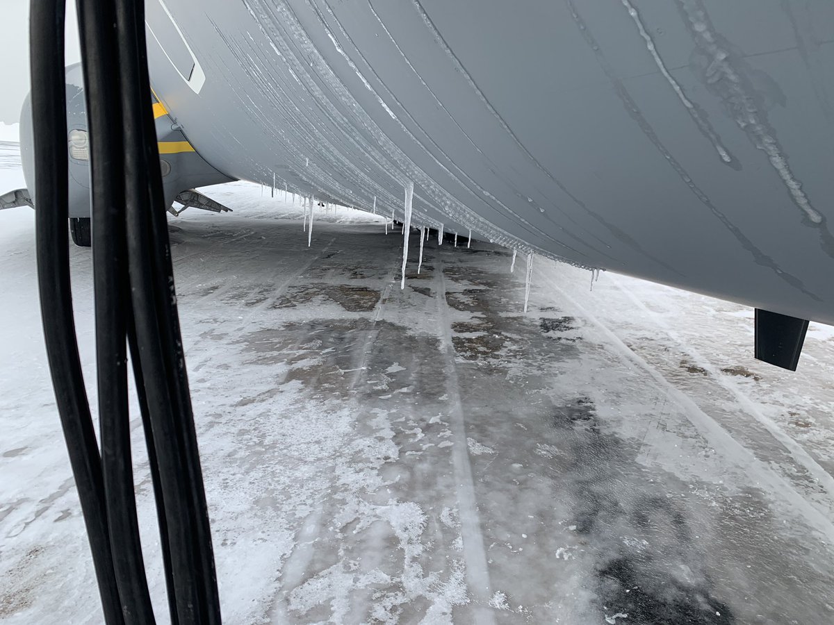 Ram5eyAwad's tweet photo. A bit nippy but we managed to get her home in good time for 5.1 thanks 🇨🇦 you were awesome #a400m #airbus #canada #coldweatherops @LeadershipNext1 #stalagtight #deice #Halifax https://t.co/64XyTL4KUO