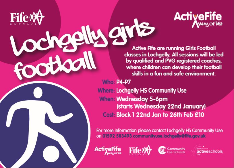 FifeActiveSch's tweet photo. ⚽️NEW GIRLS ONLY FOOTBALL⚽️
⚽️P4-7
⚽️5-6pm Wednesdays from January 22nd
📌@lochgellyHS @CommUseFife
@ActiveFife @sportscotland #gettingmoreactive #thisgirlcan https://t.co/OKcVzjfMkD