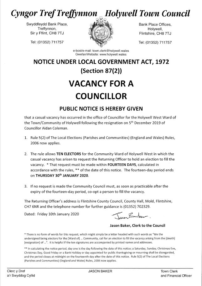 Holywell_Town's tweet photo. We have a vacancy for a Councillor on the Town Council in the Holywell West Ward, due to the recent resignation of a Councillor.  The full details are shown on the attached public notice. https://t.co/BqruT7iaJ7