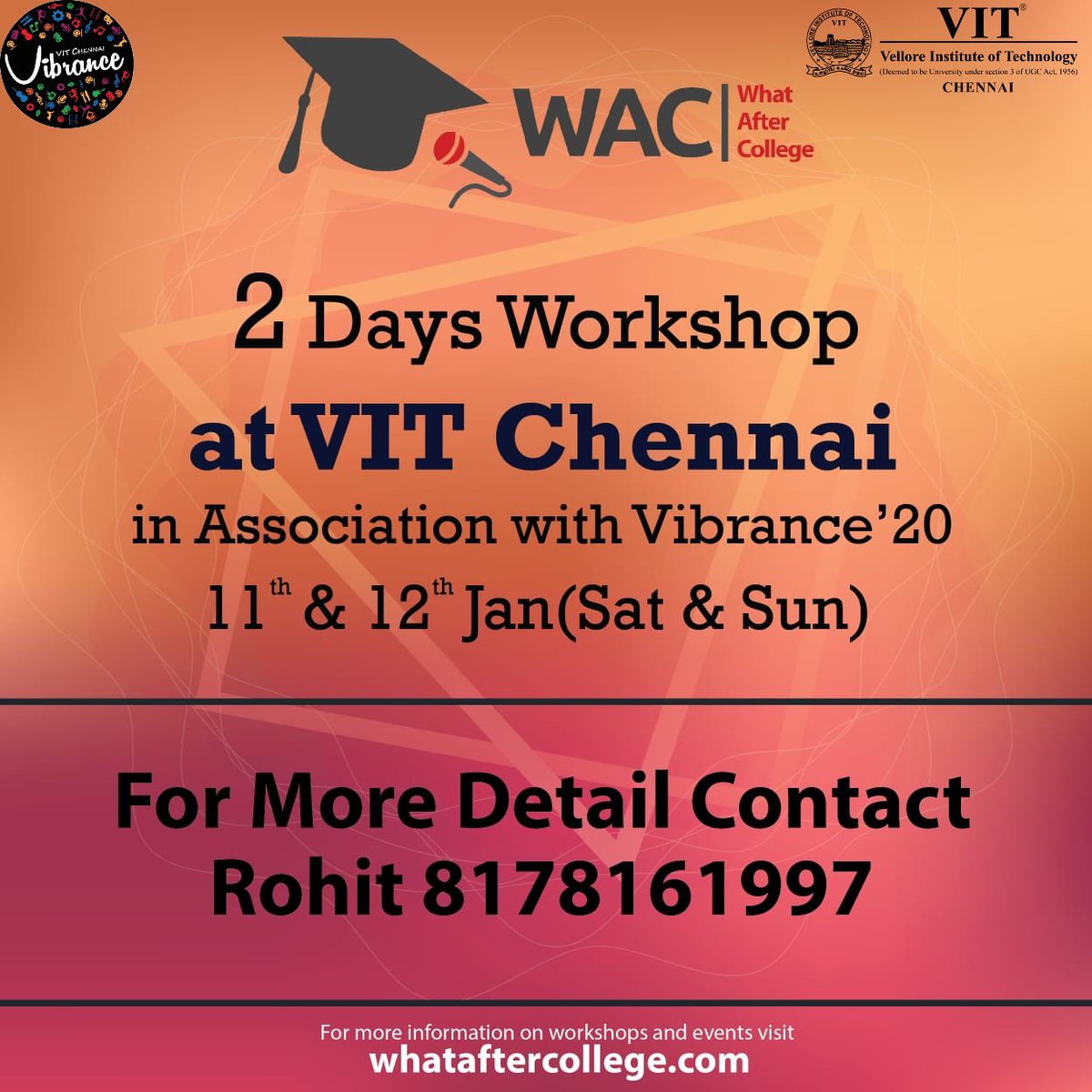 VibranceVIT's tweet photo. Interested to make robots talk or seeing cars vroom past you gets you excited ? Wanna get inside the head of a hacker or learn more about why your smartphone is so inevitable ? Be there and do not miss the opportunity to attend this informative workshop!
Timing: 9 AM to 6 PM https://t.co/TxUSmcCDMm