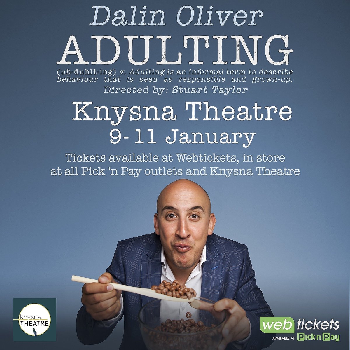 KnysnaTheatre's tweet image. Our audience LOVED Dalin Oliver last night. So much laughter!
ADULTING is only on for another 2 shows, tonight at 7pm, and tomorrow afternoon at 3pm. Don't miss it!
9-11 January
Tickets R100 @webticketsSA, Pick 'n Pay stores, or at the door.