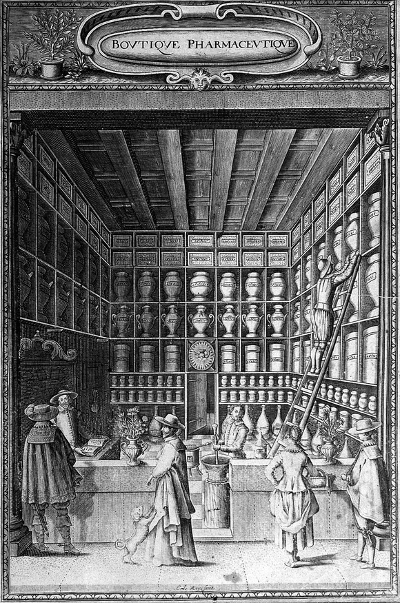 Black & white drawing of interior of pharmacy filled with shelved jars. 