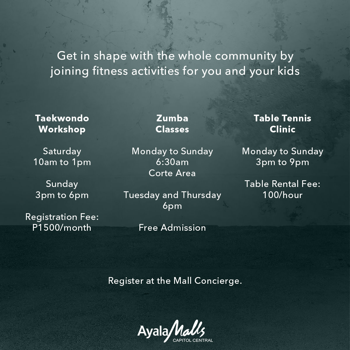 ayalamallsbcd's tweet photo. Get fit and stay healthy as you join our Mall Into Shape activities happening here at #AyalaMallsCapitolCentral. 

Interested in joining Taekwondo Workshops, Zumba Classes, or Table Tennis Clinics? Register at the Mall Concierge.

#HeartOfBacolod
#AwakenAmazing https://t.co/zA3MtGqDM2