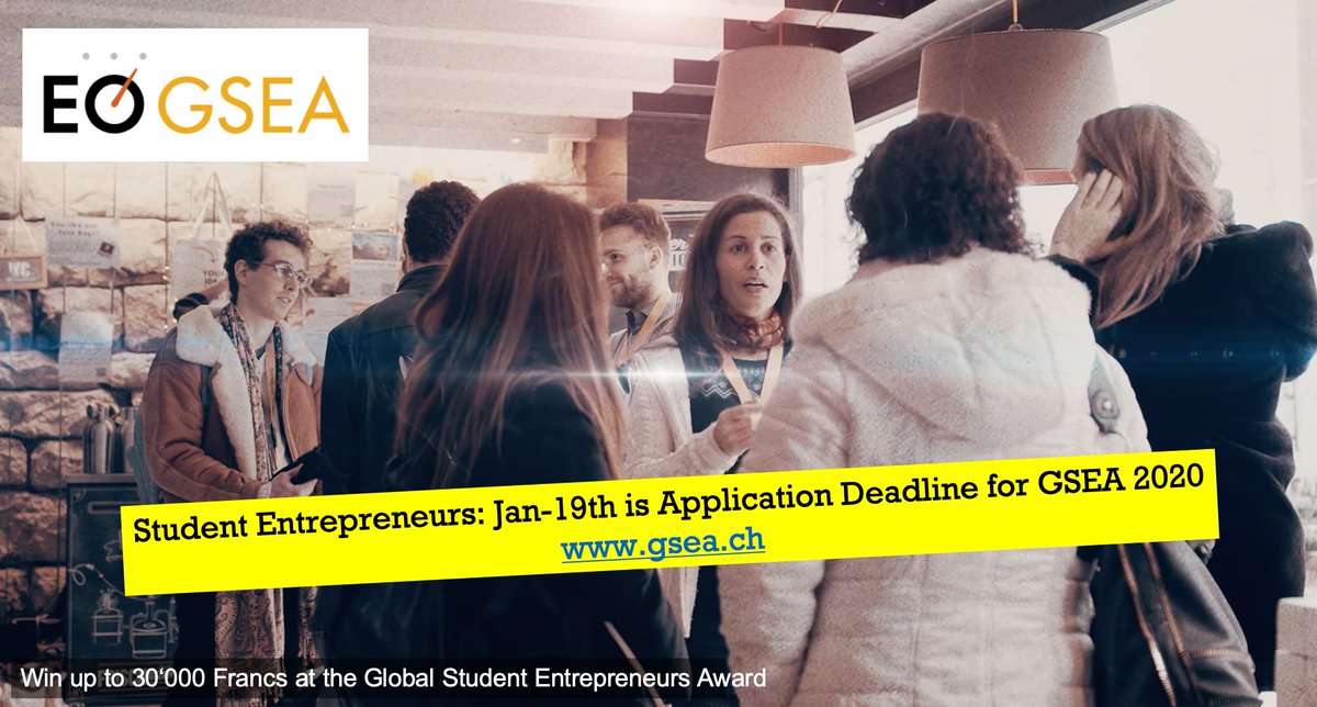 EOZurich's tweet photo. Student Entrepreneurs: Application Deadline is Jan-19th for GSEA2020 Competition! https://t.co/zPXAYzbYY6 #entrepreneurship #award #competition #startup @startuptickerCH @S_S_UF @StartupInvestCH @STARTUPSCH @dgt_switzerland @impacthubzurich @MigrosMagazin https://t.co/AZemVQ3y8x