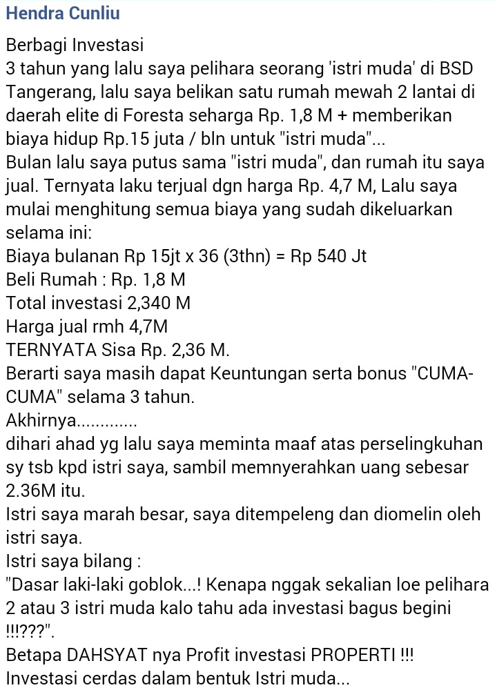 Best investment lesson.

Jouska? ❌
Yusuf Mansur? ❌
Tung Desam Waringin? ❌
Jordan Belfort? ❌
Warren Buffet? ❌
Hendra Cunliu ✅