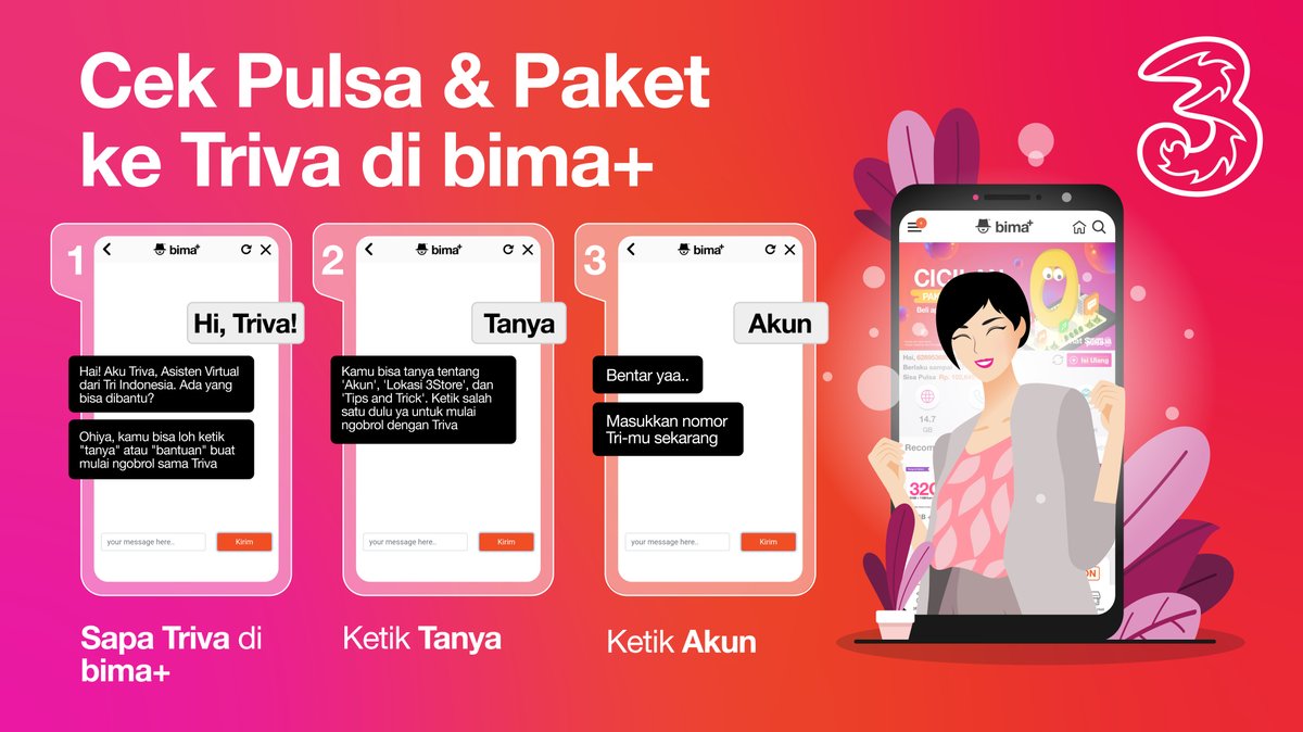 Mau cek pulsa dan sisa paket datamu? Tanya langsung aja ke Triva! Nih, caranya 👇🏼 #3CareIndonesia #3CareForYou