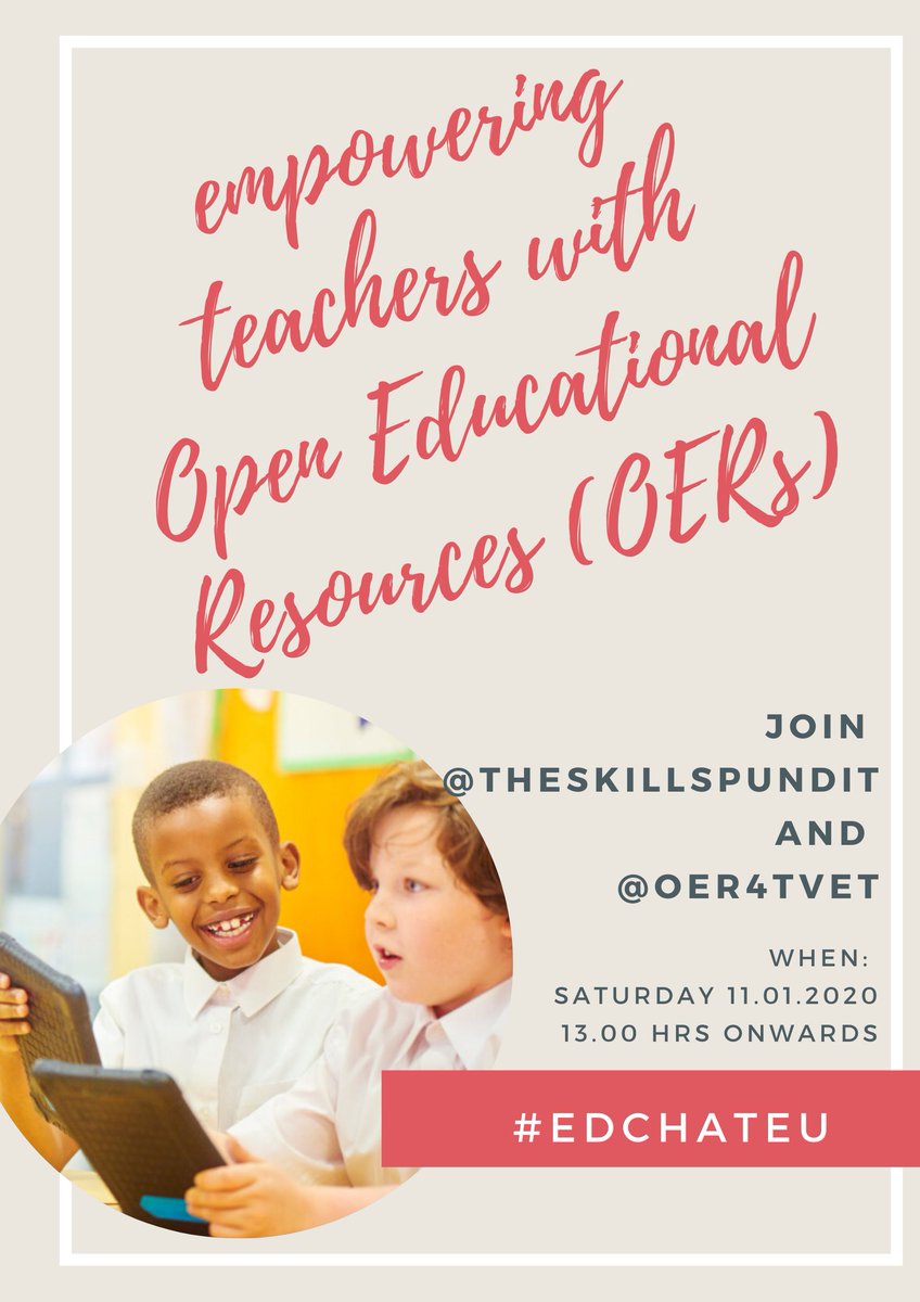 Never before in history, has there been a more crucial time to #empowerteachers to prepare a generation which cares about people, planet and peace. 

Join us! this Saturday 11.01 at #EdChatEU as we explore #OER & #OEP as an effective tool for empowering teachers and trainers .