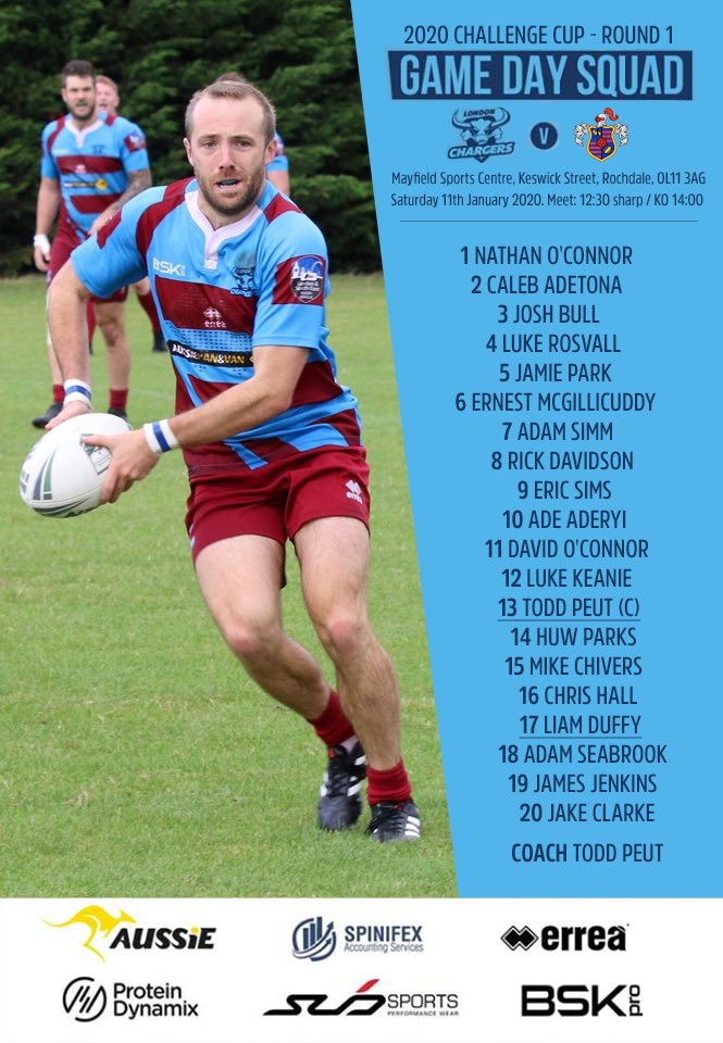 LonChargersRL's tweet photo. 2020 Challenge Cup - Round 1
Chargers VS Rochdale Mayfield
Mayfield Sports Centre, Rochdale, OL11 3AG
Chargers squad announced for Saturday’s Challenge Cup away game against Rochdale Mayfield. Get yourself down to support.
Meet up at 12:30 sharp / KO 14:00
#ChargeLikeABull https://t.co/ceTYmbTeab