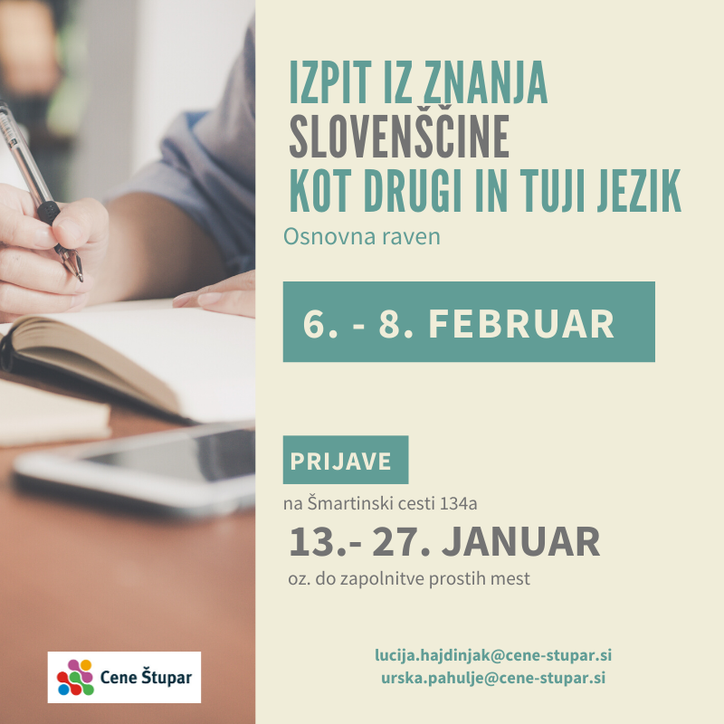 CeneStupar's tweet photo. Se želite prijaviti na izpit iz znanja slovenščine na osnovni ravni? Prijave sprejemamo od ponedeljka, 13.1. do 27.1. oziroma do zapolnitve prostih mest v času uradnih ur na Šmartinski cesti 134a. Več informacij na: https://t.co/8BF2fB9jFK
#cenestupar #zznanjemdocilja https://t.co/Xw0rxq3qlL
