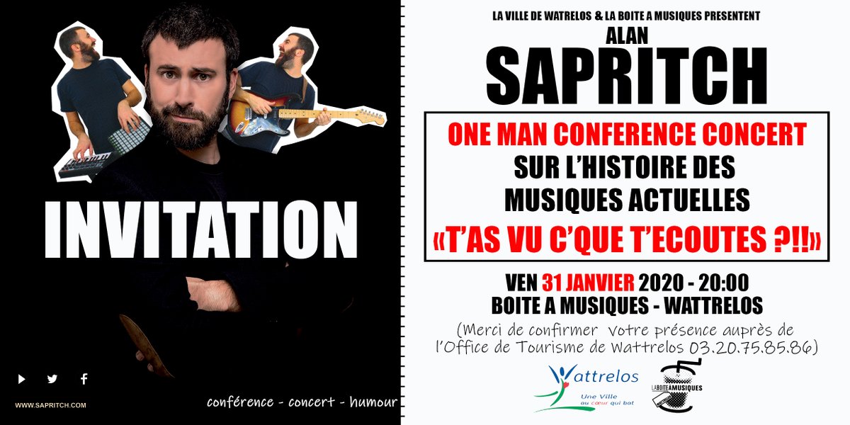 BamWattrelos's tweet photo. #SAPRITCH (F) T’as vu c’que t’écoutes ?!! @Sapritch_Off 
One Man Conférence sur l’histoire des #MusiquesActuelles
Vendredi 31 janvier 2020 - 20:00 à la @BamWattrelos Boîte @ Musiques #Wattrelos
Gratuit sur réservations : @OTWattrelos  03.20.75.85.86
https://t.co/tOjhNNAq4i https://t.co/sVYPQKeJQg