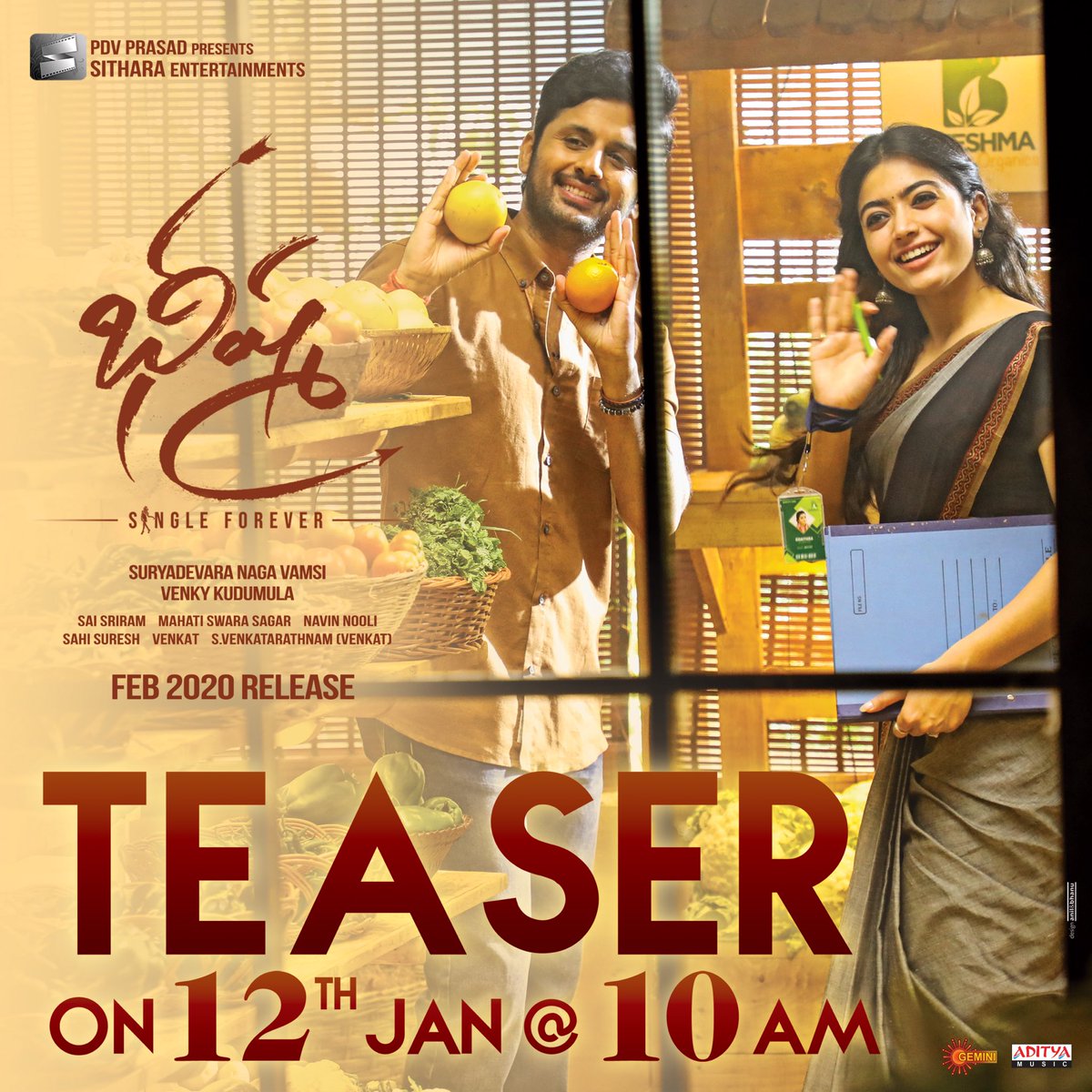 nithiin (@actor_nithiin) on Twitter photo BHEESHMA TEASER wil b out on jan 12th at 10a.m 🤗 a FUN teaser on ur wayy!!
#bheeshmateaseron12th
<a href="/VenkyKudumula/">Venky Kudumula</a> <a href="/iamRashmika/">Rashmika Mandanna</a> <a href="/SitharaEnts/">Sithara Entertainments</a> <a href="/vamsi84/">Naga Vamsi</a> BHEESHMA TEASER wil b out on jan 12th at 10a.m 🤗 a FUN teaser on ur wayy!!
#bheeshmateaseron12th
<a href="/VenkyKudumula/">Venky Kudumula</a> <a href="/iamRashmika/">Rashmika Mandanna</a> <a href="/SitharaEnts/">Sithara Entertainments</a> <a href="/vamsi84/">Naga Vamsi</a>