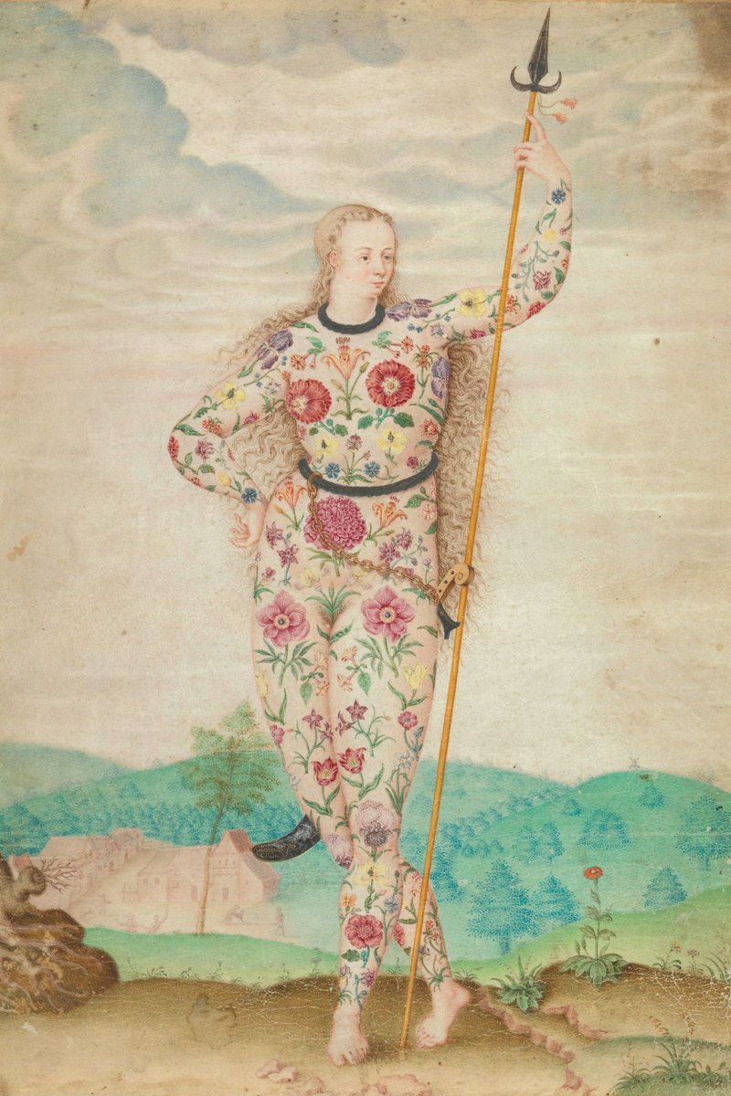 This colourful watercolour by Jacques le Moyne de Morgues from 1585 depicts a Picts woman, an early native of the British Isles. Can you spot the array of ornate flower tattoos that adorn her body?

Book now for our #RenaissanceWatercolours exhibition: fal.cn/35XrC